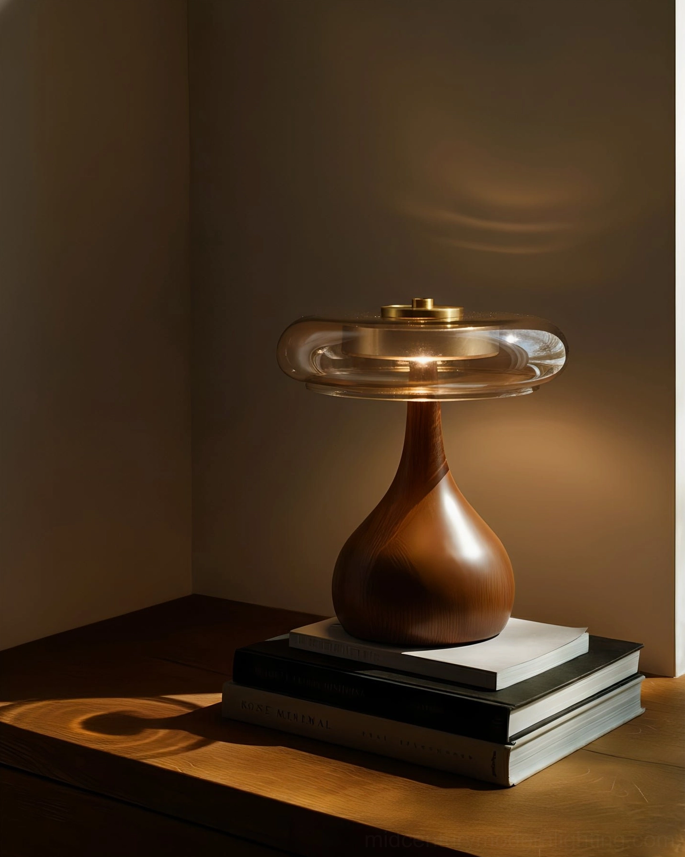 Andi glass and wood table lamp placed on stacked books with ambient lighting effect
