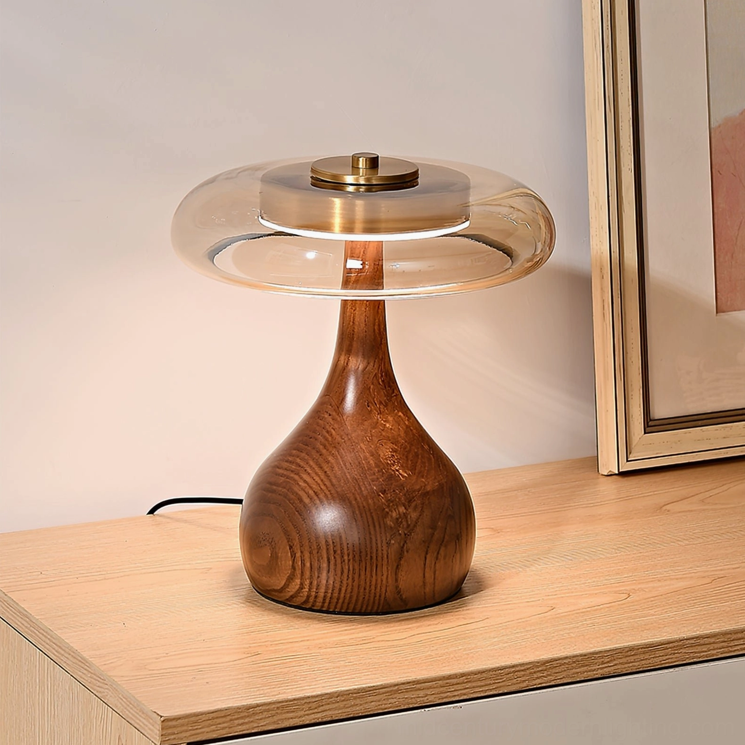 Andi mid-century glass lamp with walnut teardrop base - three-quarter product view
