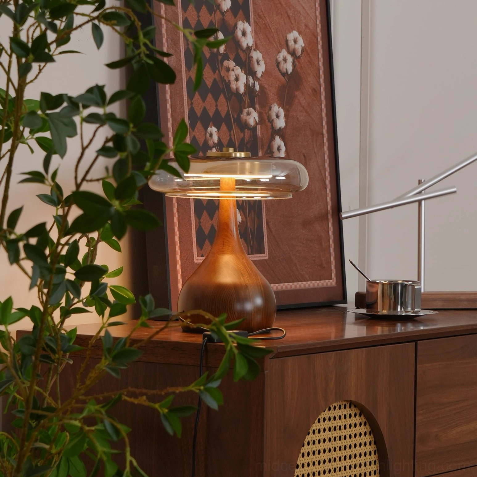 Andi mid-century modern lamp illuminated showing warm light color temperature