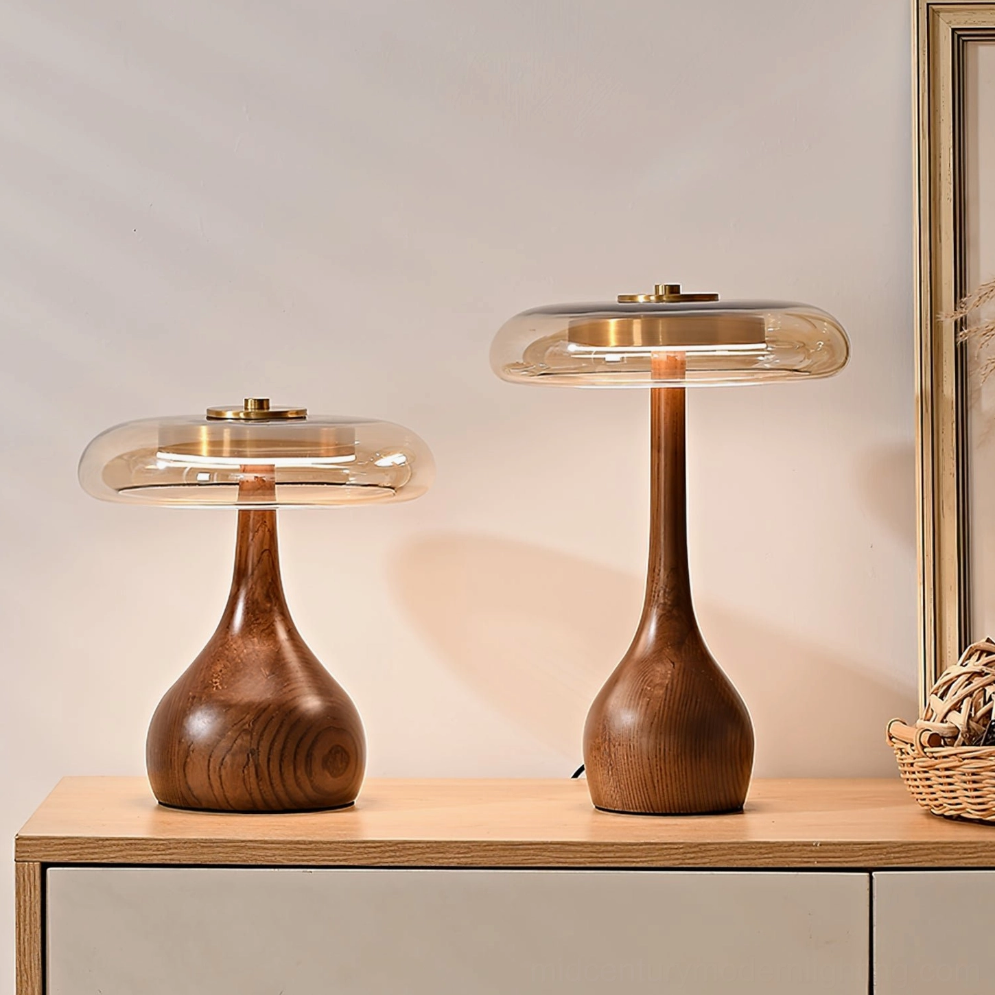 Andi Glass Table Lamp tall variant with teardrop wooden base architectural profile