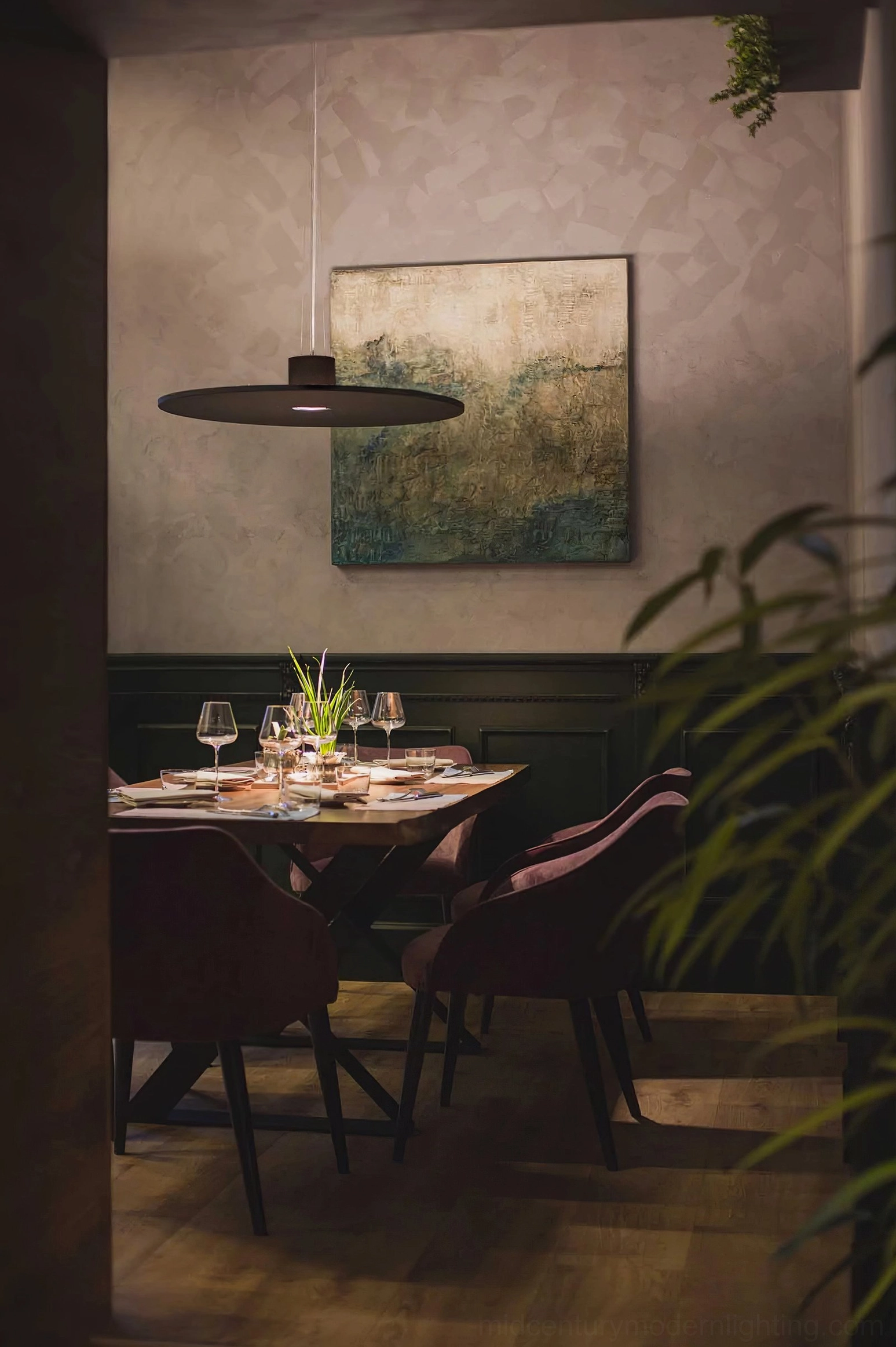 Andromeda matte black pendant formal dining room artwork wall contemporary warm lighting