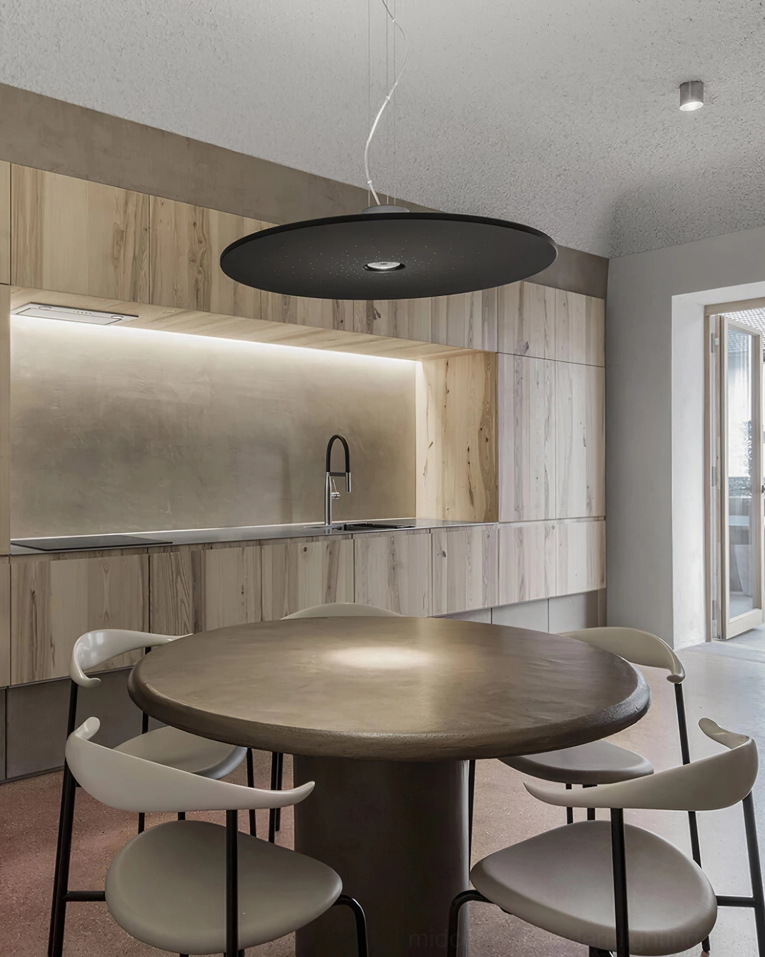 Andromeda flat disc pendant modern kitchen dining space round table neutral interior