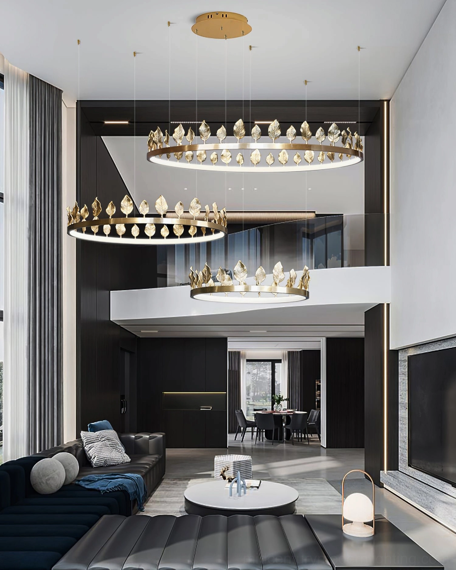 Anello polished brass chandelier with integrated LED warm light, front view on neutral background