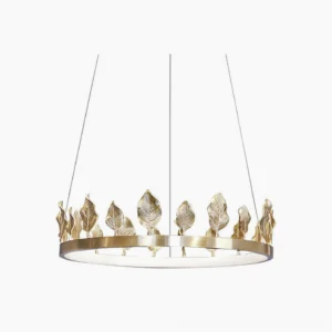 Anello brass leaf chandelier with polished gold finish on white background, crown-shaped pendant light design