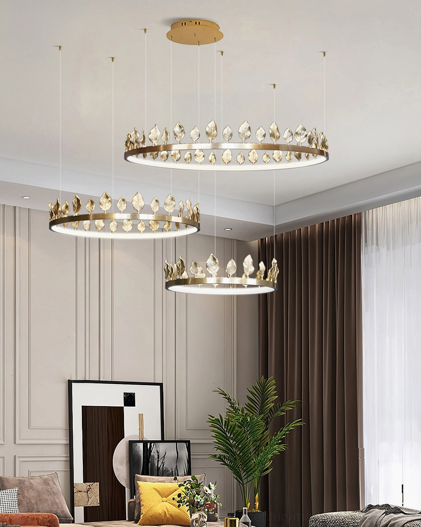 Anello leaf pendant chandelier in contemporary living room with brown curtains and neutral wall tones