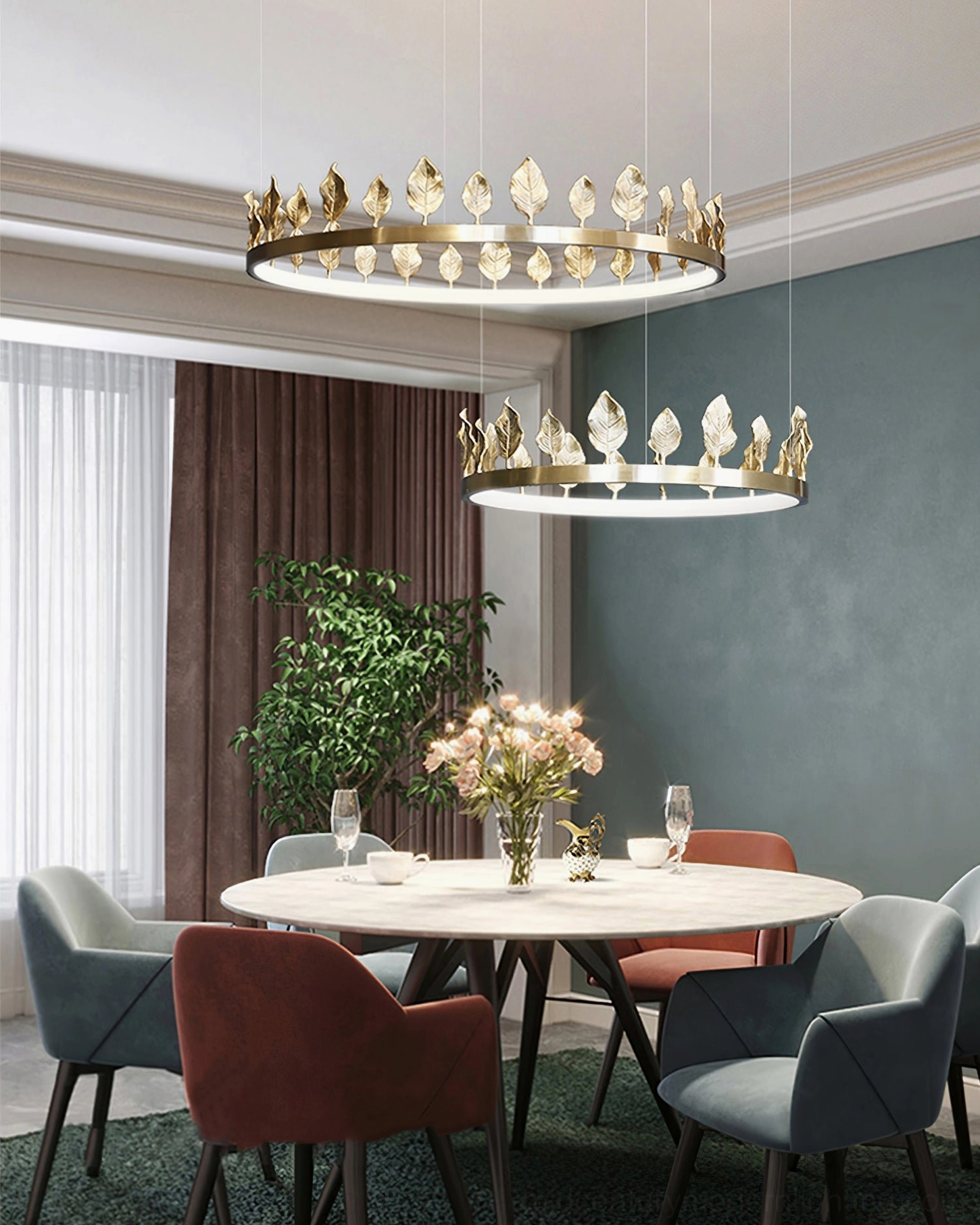 Multiple Anello chandeliers in coordinated interior design with modern furnishings and brass accents