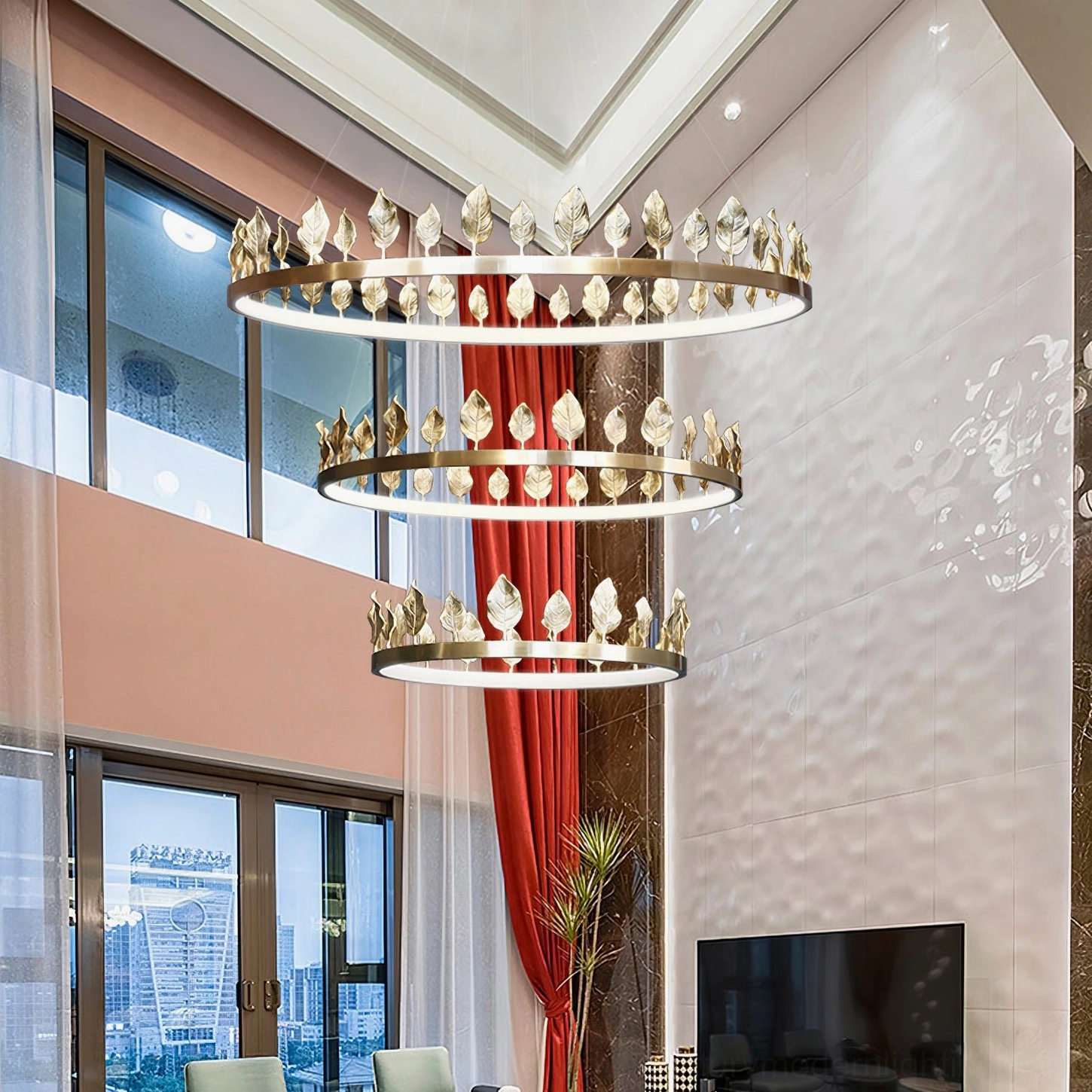 Large Anello brass chandelier suspended in high-ceiling residential living room with floor-to-ceiling curtains