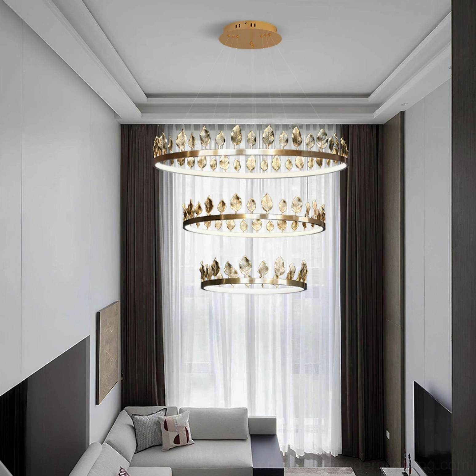 Anello chandelier in contemporary interior setting illuminated with warm white LED ambiance