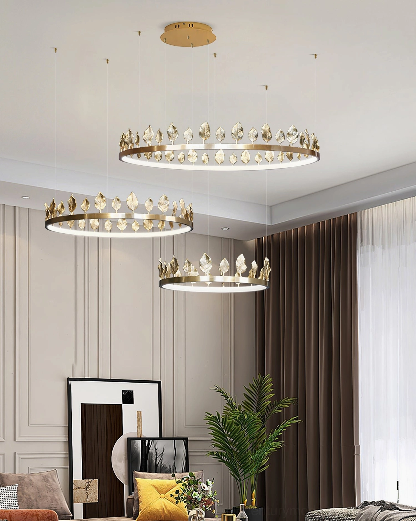 Gold finish Anello pendant light fixture showcasing luxury brass material and leaf ornament design