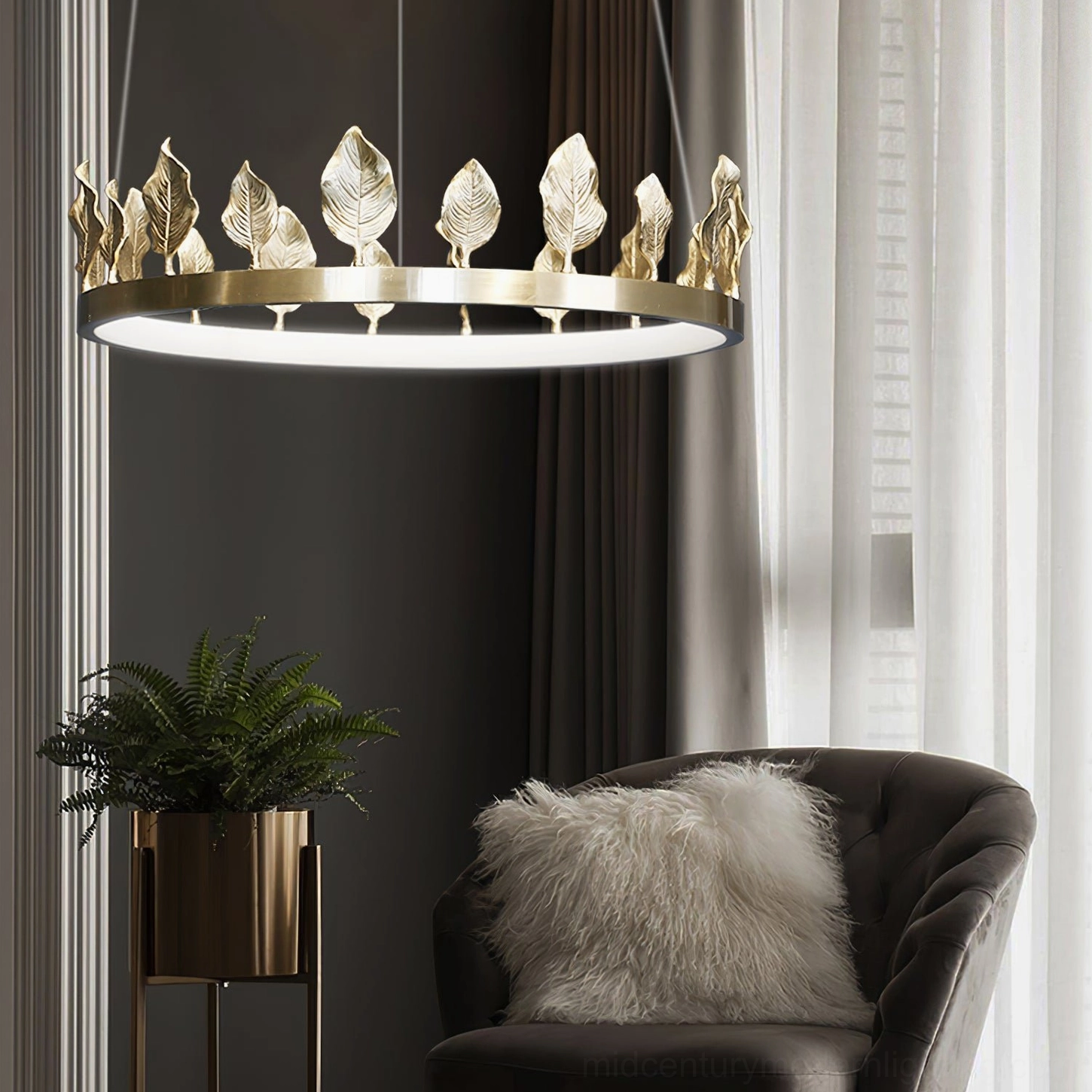 Anello mid-century modern leaf chandelier detail showing brass craftsmanship and hand-applied leaves