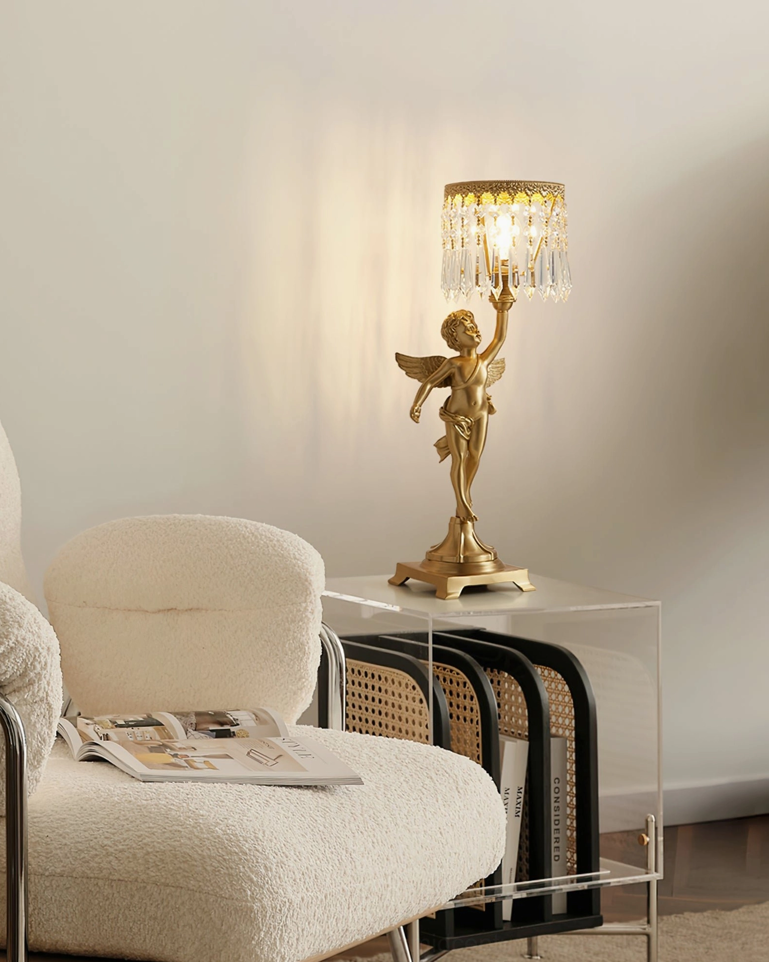 Angel cherub brass crystal table lamp product shot, mid-century modern luxury lighting fixture with sculptural design