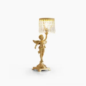 Angel cherub crystal table lamp with brass finish, full frontal view showcasing sculptural winged base and hanging crystal droplets pendant