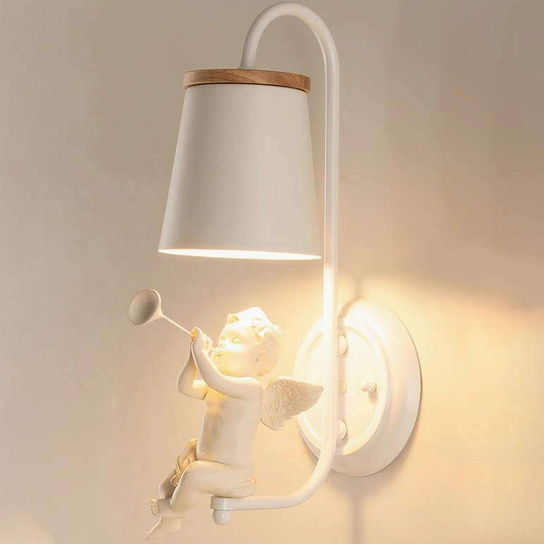 Celestial cherub wall sconce with wood-accented fabric shade on neutral beige residential wall