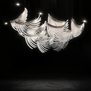 Angel Wings Chandelier overhead view - Dramatic downward perspective showing wing formation and integrated LED light refraction