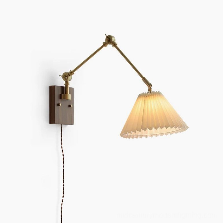 Angeline swing arm plug-in wall lamp complete product shot, studio lighting on white background, brass and walnut vintage modern style