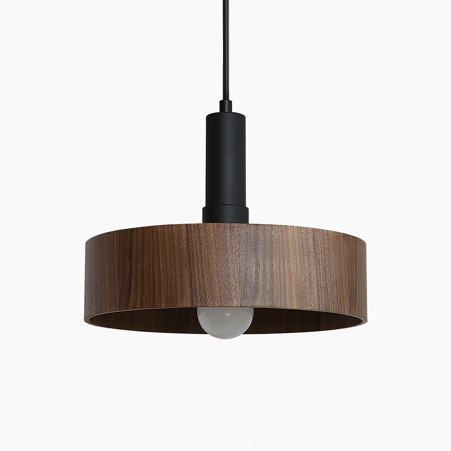 Angilia mid-century modern pendant lamp in home setting, combining walnut wood and matte black metal for timeless design aesthetic