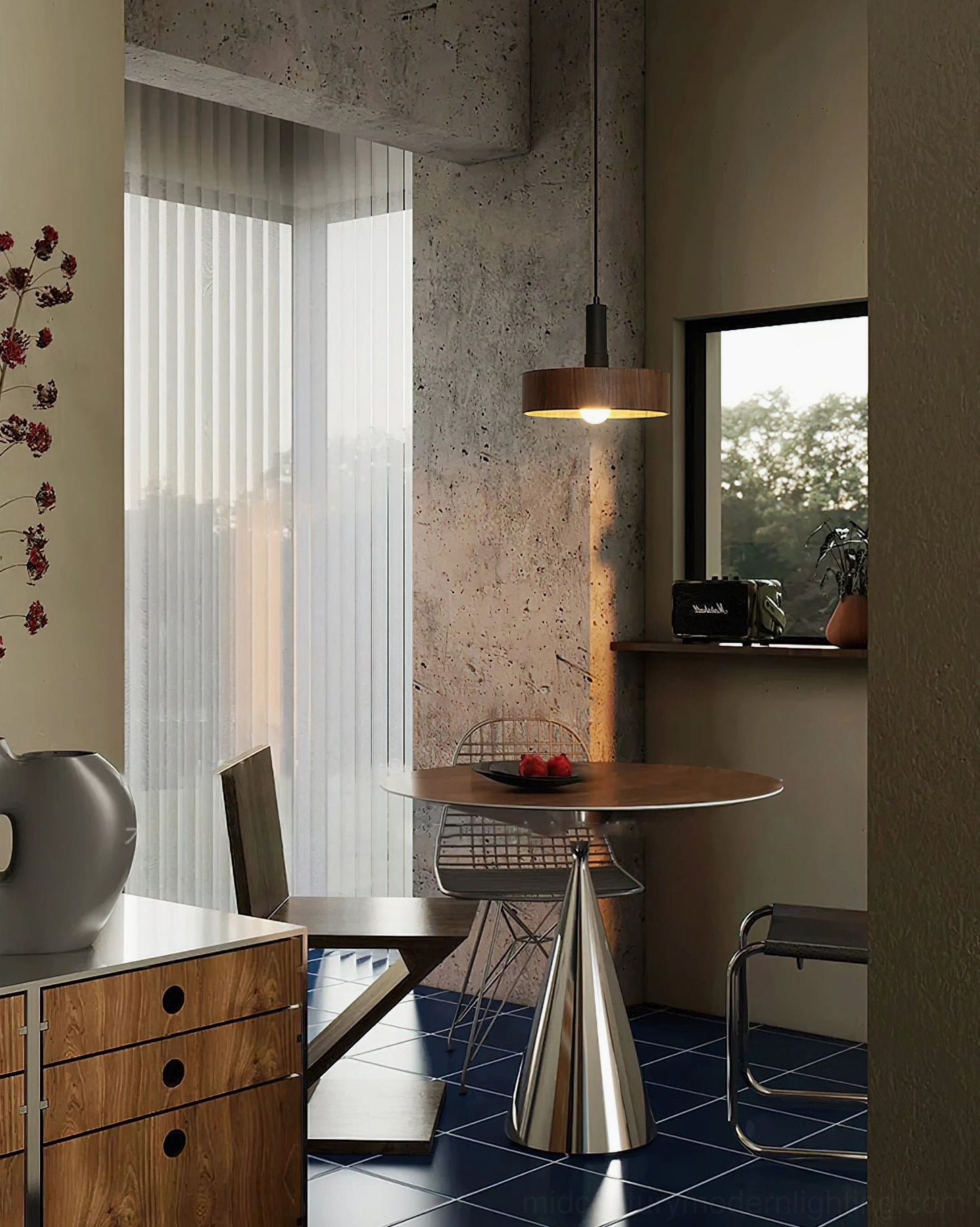 Angilia wood pendant lamp in retro cafe dining area, suspended over concrete table with industrial ambiance and warm downlighting