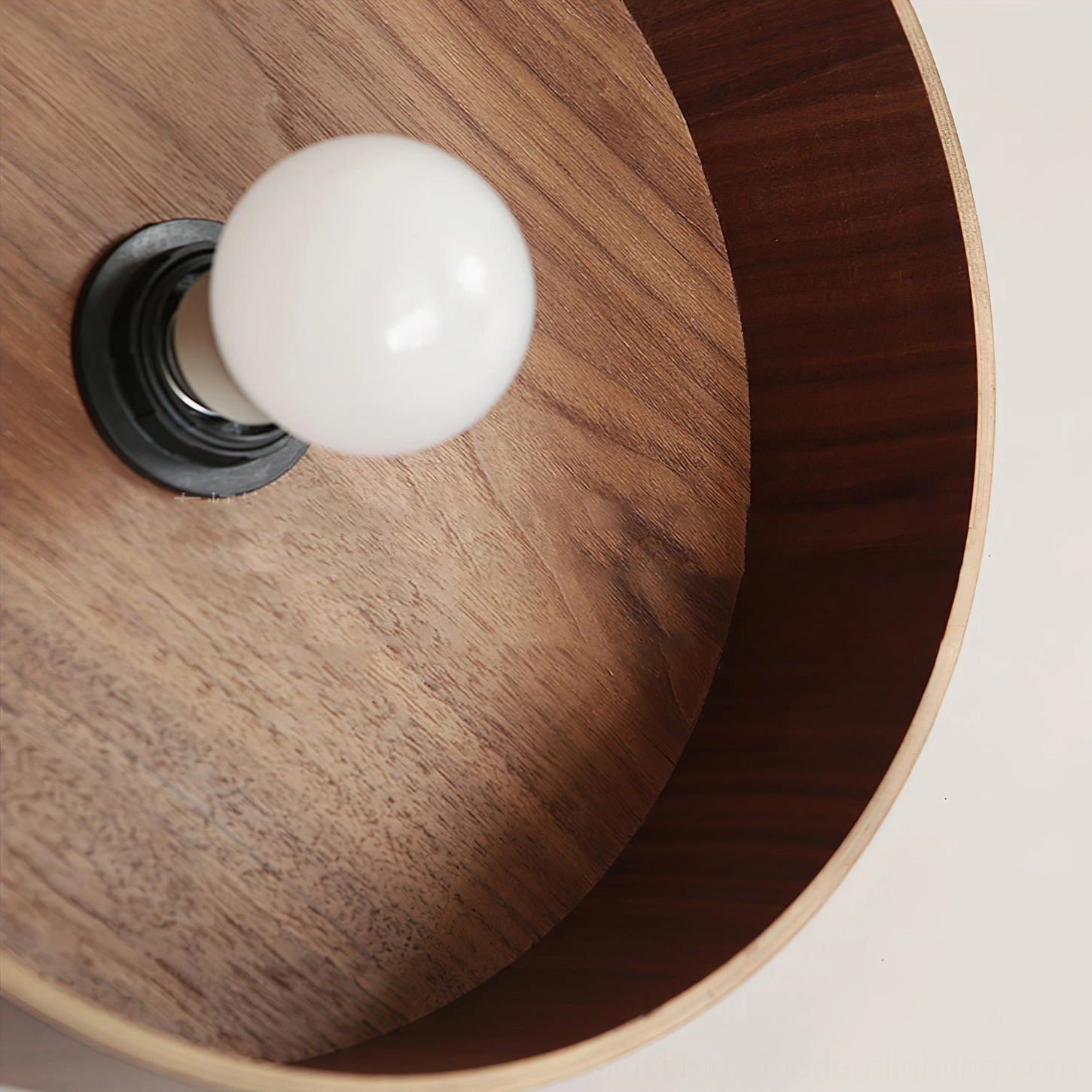 Close-up detail of Angilia pendant light showing visible wood grain, black metal socket, and exposed globe bulb in studio setting