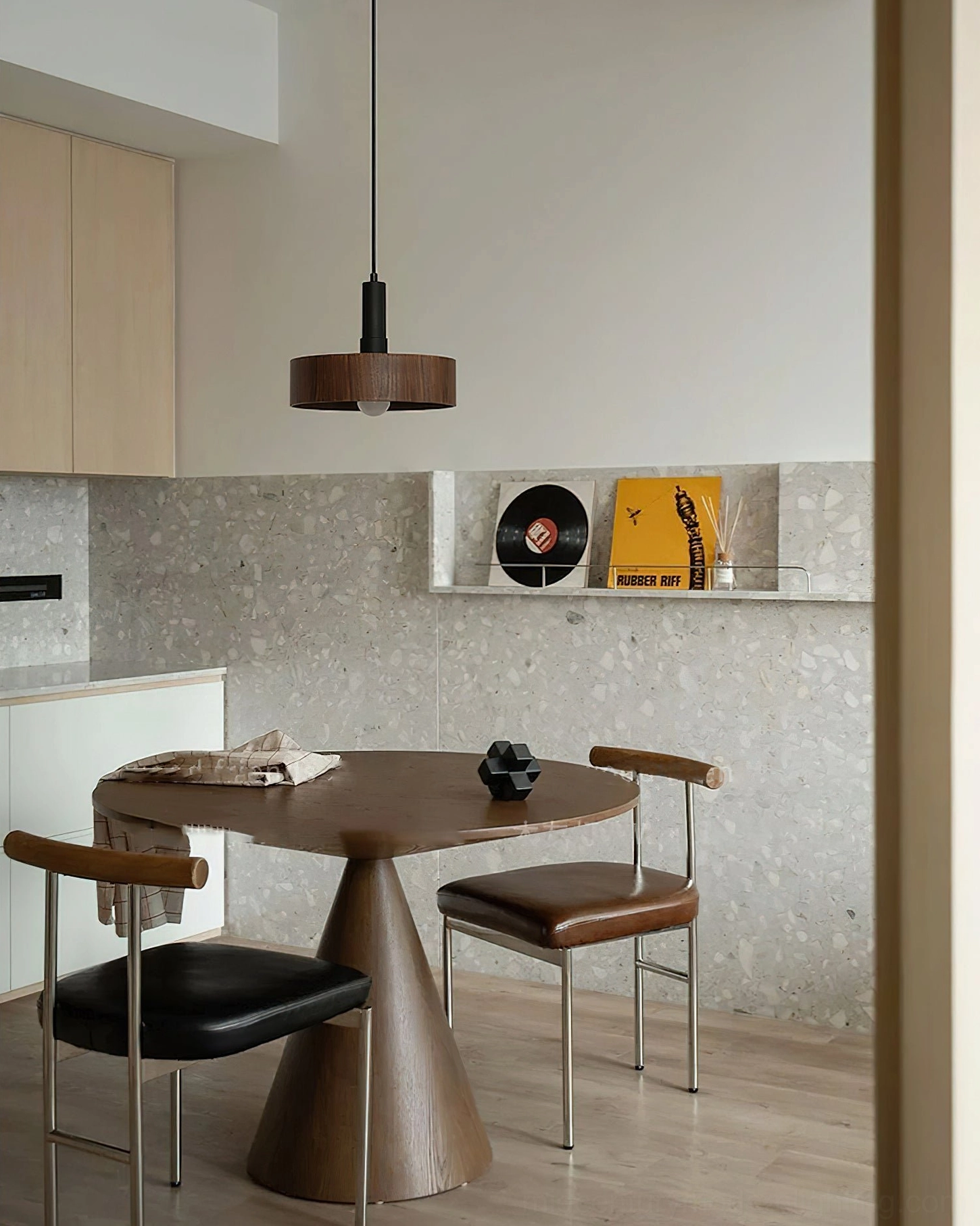 Angilia compact pendant light in small home dining nook, walnut wood shade fitting minimalist warm contemporary decor