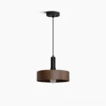 Angilia walnut wood drum pendant light with matte black metal hardware, front studio view showcasing minimalist mid-century modern design