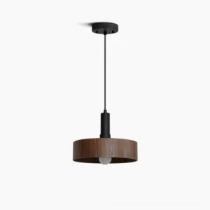 Angilia walnut wood drum pendant light with matte black metal hardware, front studio view showcasing minimalist mid-century modern design