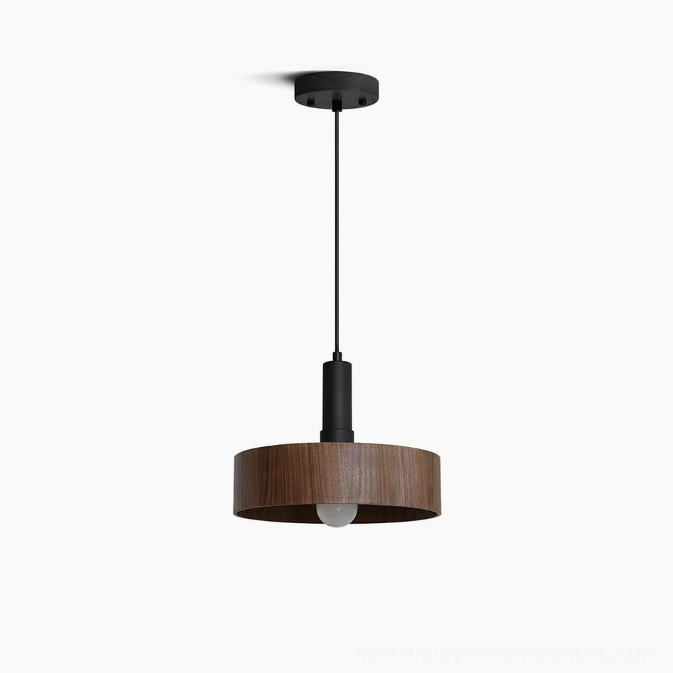 Angilia walnut wood drum pendant light with matte black metal hardware, front studio view showcasing minimalist mid-century modern design