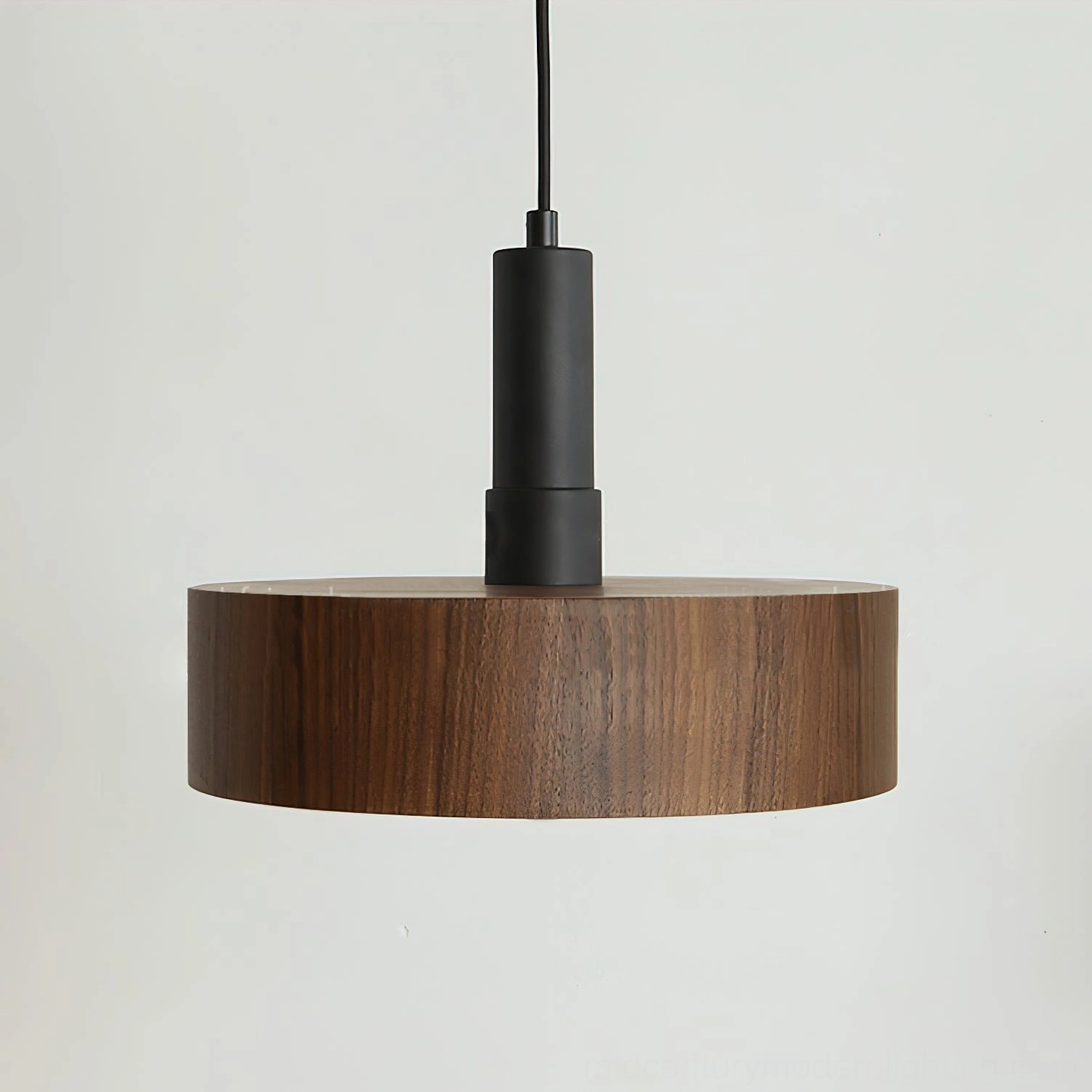 Angilia walnut wood drum pendant light side front view, minimalist modern design with black suspension hardware and wood shade