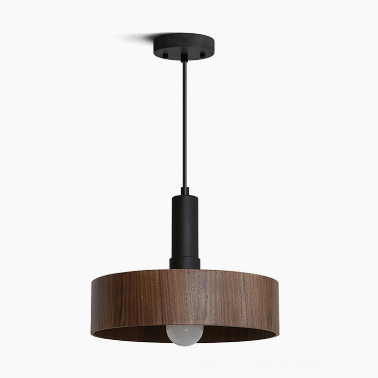 Angilia wooden drum pendant light in walnut finish with matte black metal frame, mid-century modern design for contemporary interiors