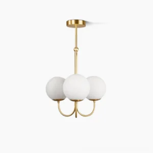 Angle mid-century modern 3-head globe chandelier with polished brass frame and frosted white glass spheres on white studio background