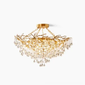 Anita gold leaf crystal chandelier with brass frame and clear crystal drops, frontal studio view