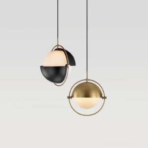 Anix interactive pendant light in three colorway finishes: gold, black-gold, and blue-gold metal frames