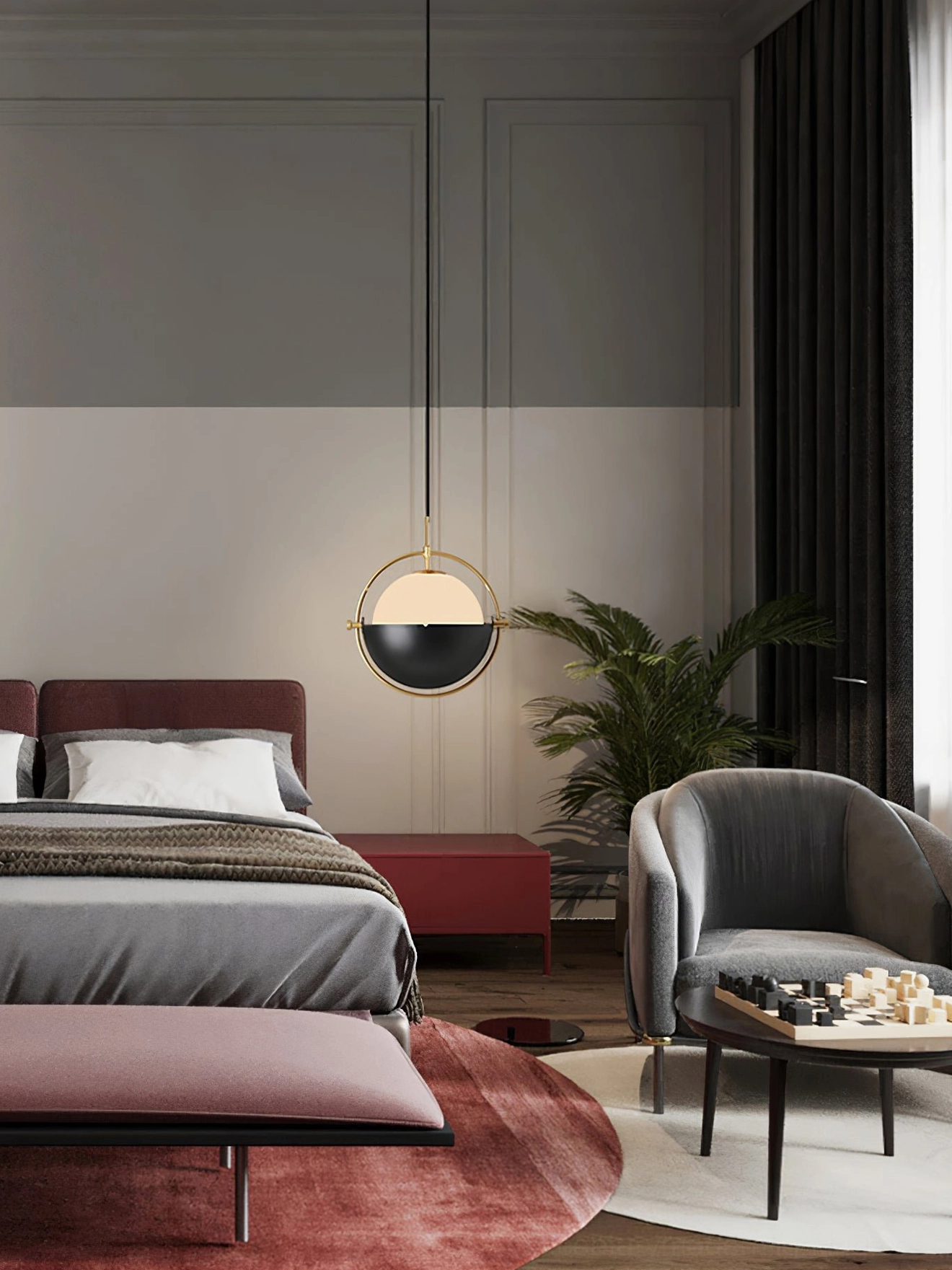 Black-gold Anix interactive pendant lighting fixture in modern master bedroom with neutral tone decor
