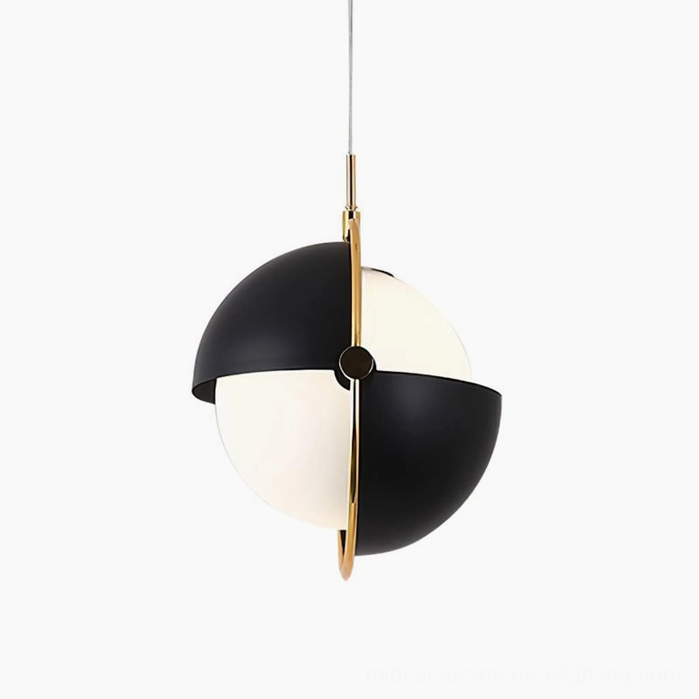Black-gold Anix sculptural pendant lamp detail showcasing metal frame and frosted glass integration