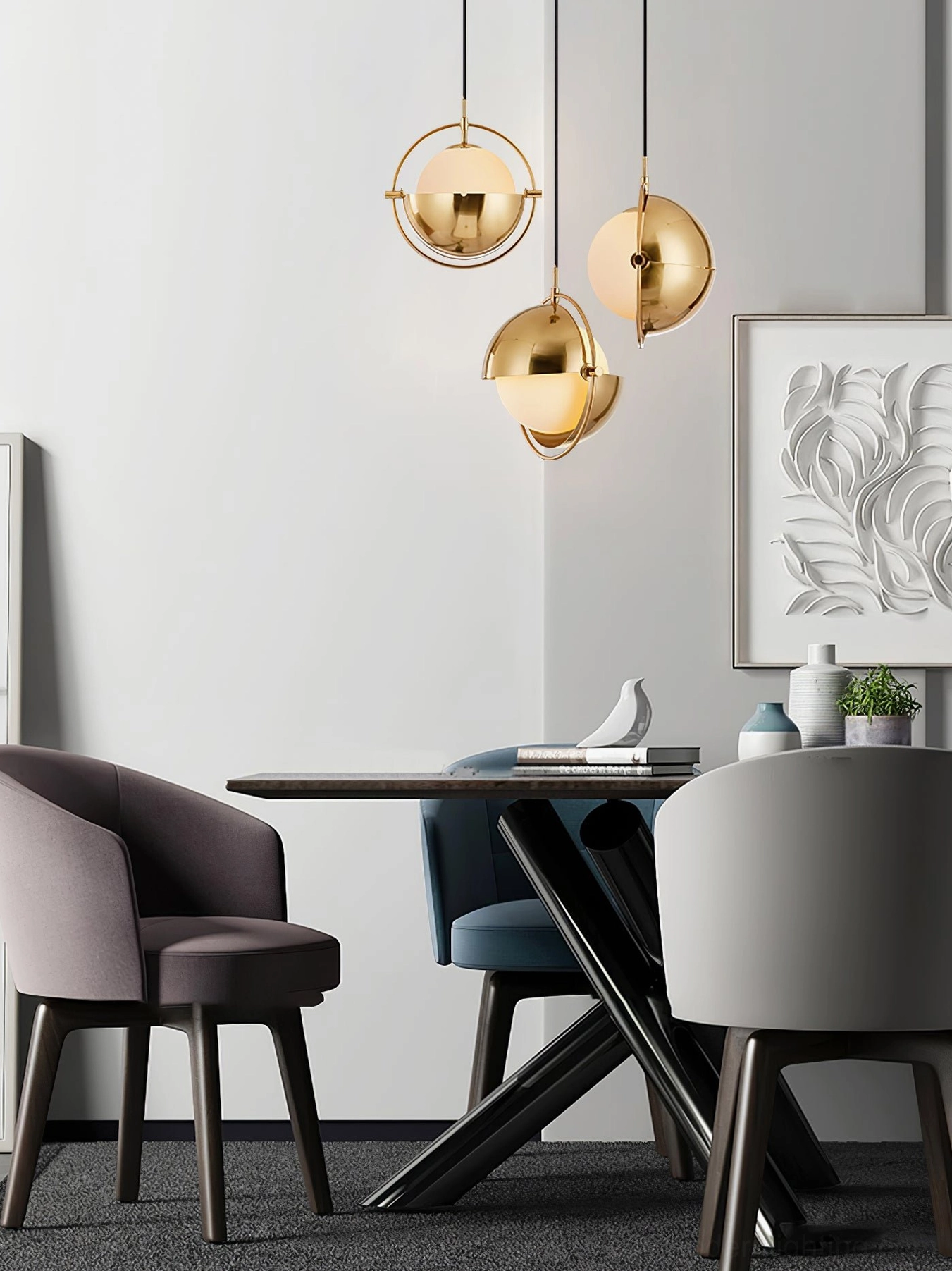 Gold finish Anix pendant lamp casting ambient light in mid-century modern living room