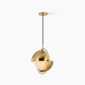 Anix mid-century modern spherical pendant lamp with gold finish and frosted glass shade, overhead studio view