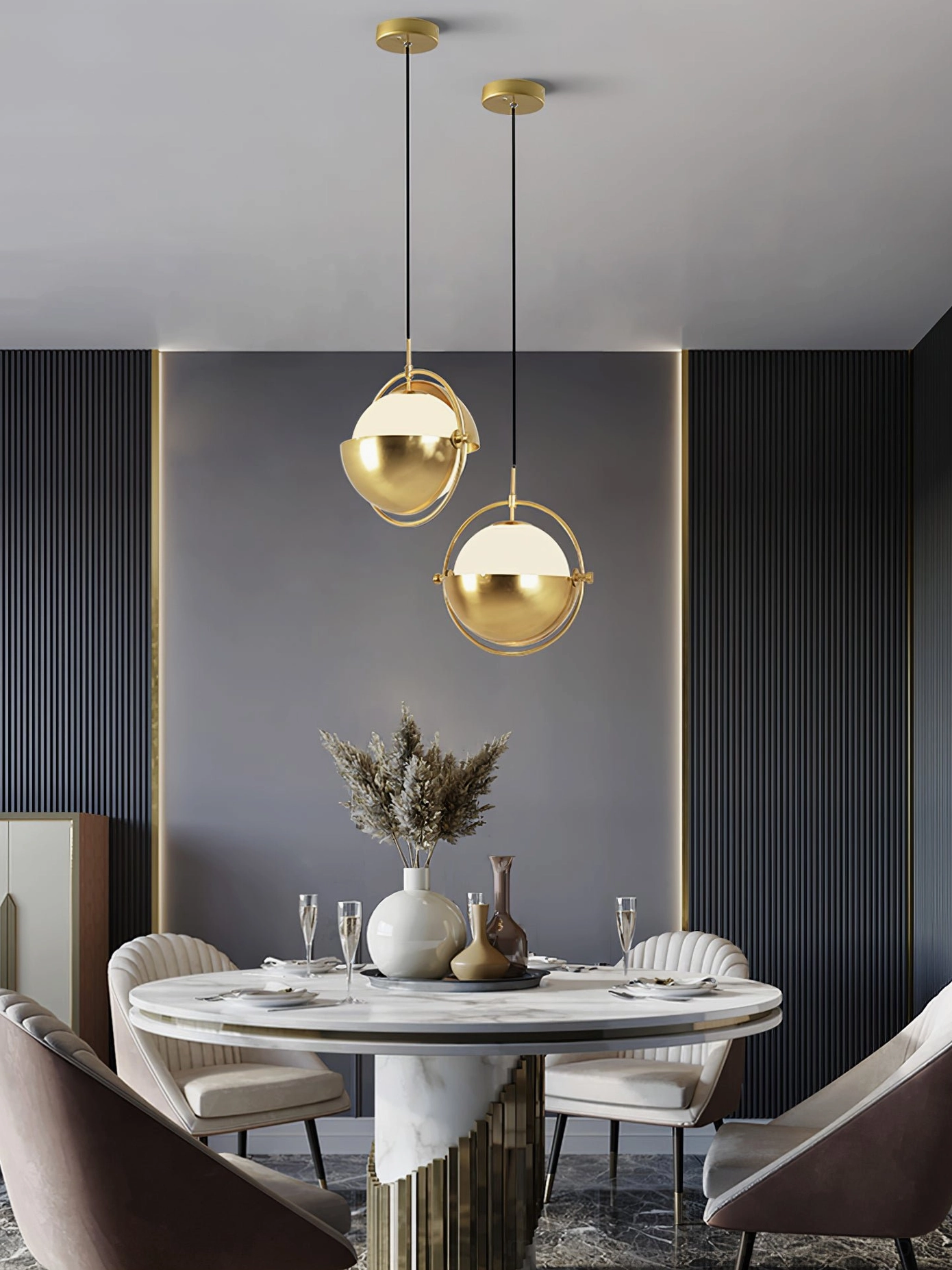 Top-down view of multiple Anix pendant lamps in formal luxury modern dining room configuration