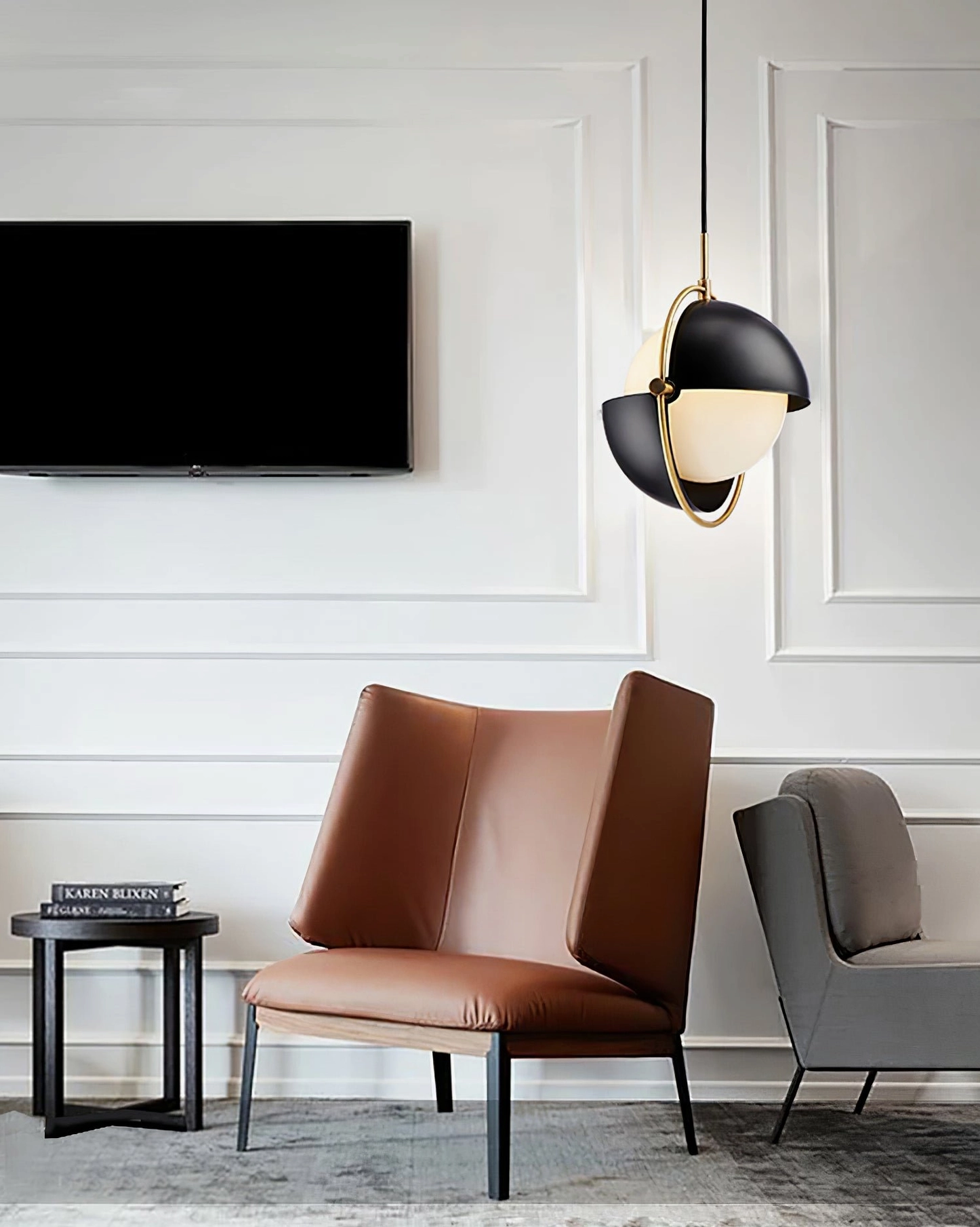 Anix interactive mid-century pendant lamp detail showing rotating hemisphere mechanism and metal frame