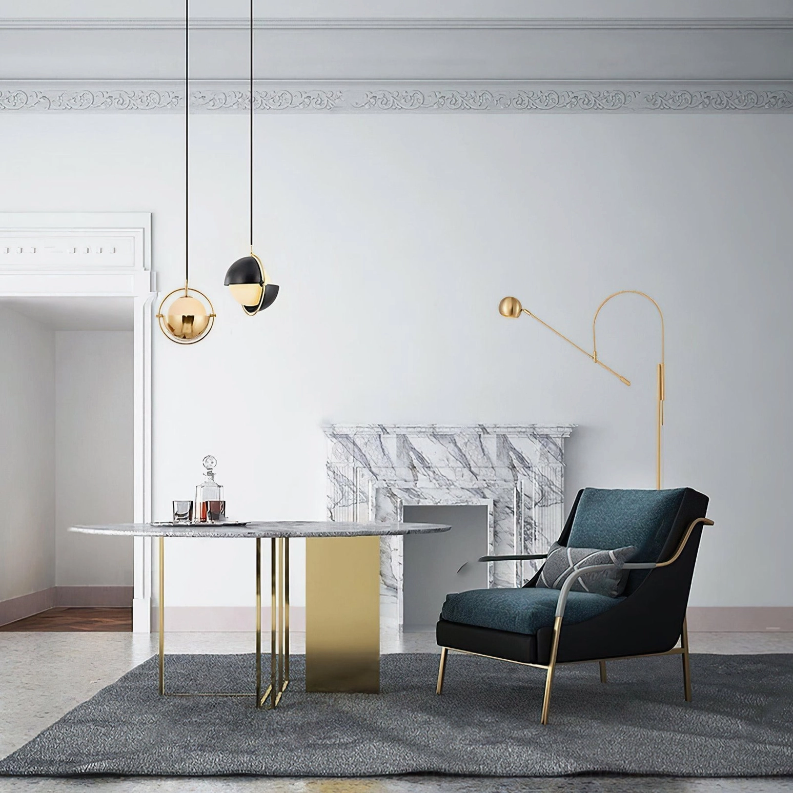 Mixed-finish Anix sculptural pendant lights in elegant neoclassical fireplace lounge setting