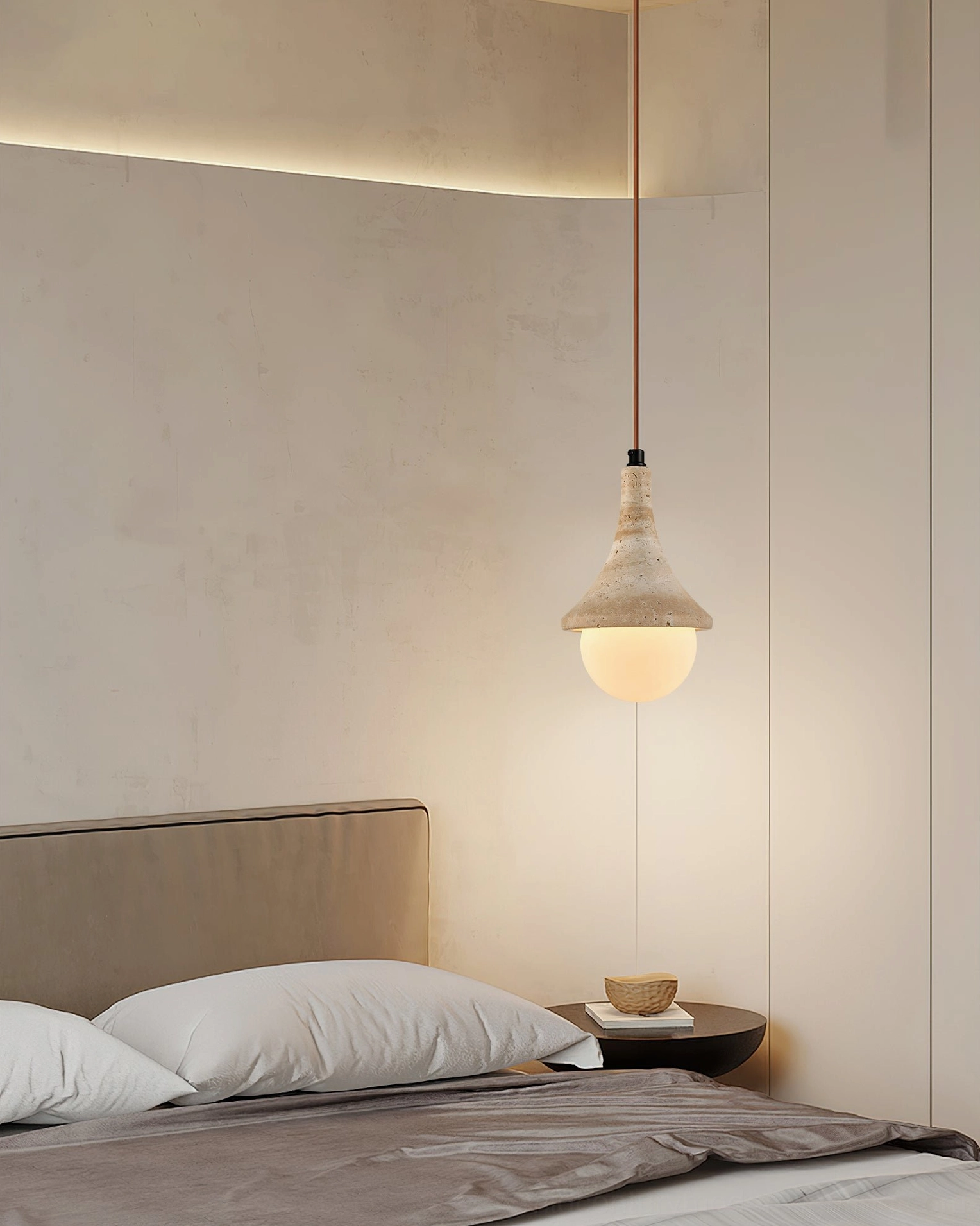 Annadel pendant light installed in corner bedroom creating warm wabi-sabi aesthetic with natural stone