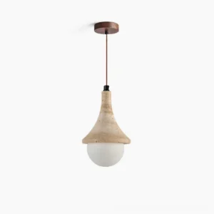 Annadel travertine pendant light front view studio shot showing sculptural stone fixture with frosted glass globe