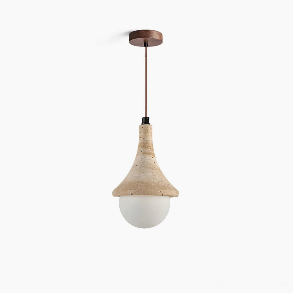 Annadel travertine pendant light front view studio shot showing sculptural stone fixture with frosted glass globe