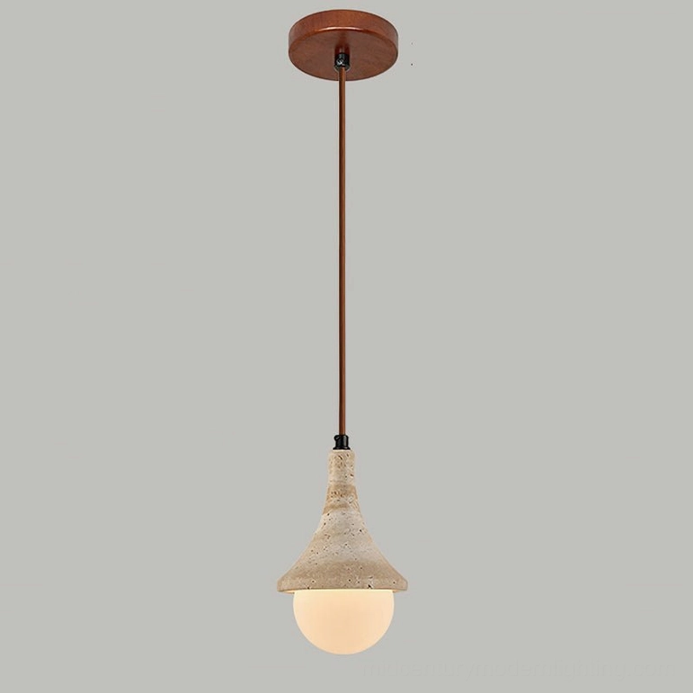 Annadel travertine pendant light front hanging view with extended suspension wire in studio