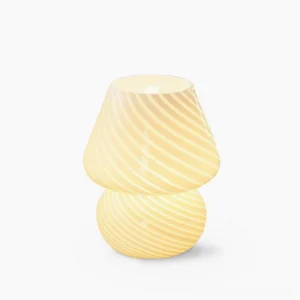 Ansel handcrafted glass table lamp with creamy yellow spiral ribbed texture on white background - front view