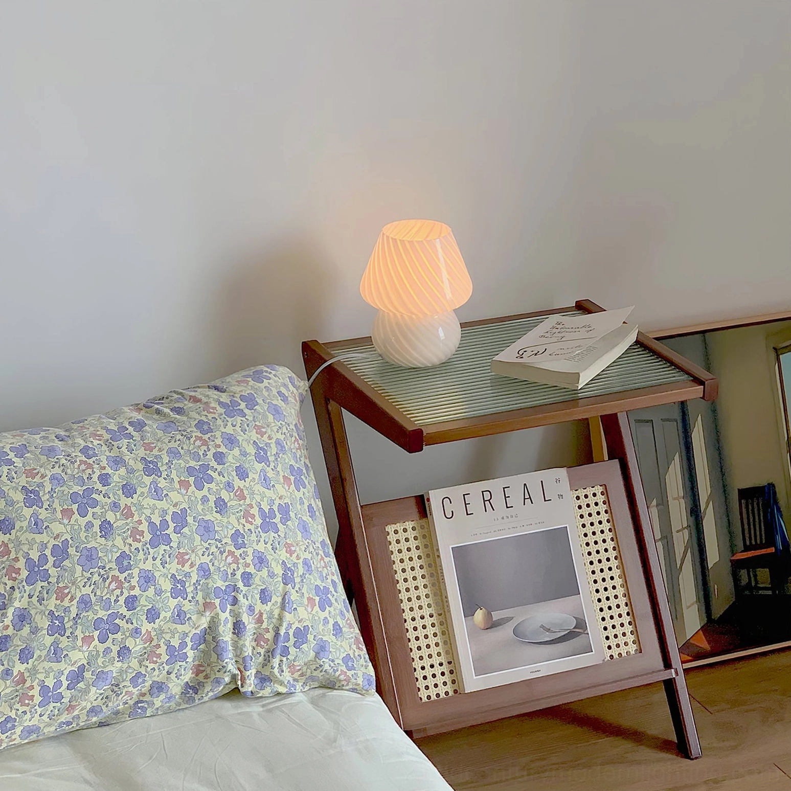 Pastel pink Ansel mushroom textured table lamp on bedroom bedside shelf cozy cottagecore style