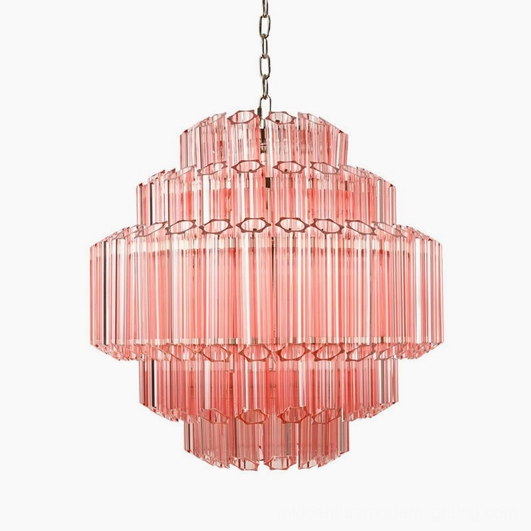 Antella Sunburst Chandelier 26-inch diameter pink Murano glass - mid-century modern statement pendant fixture with layered geometric design