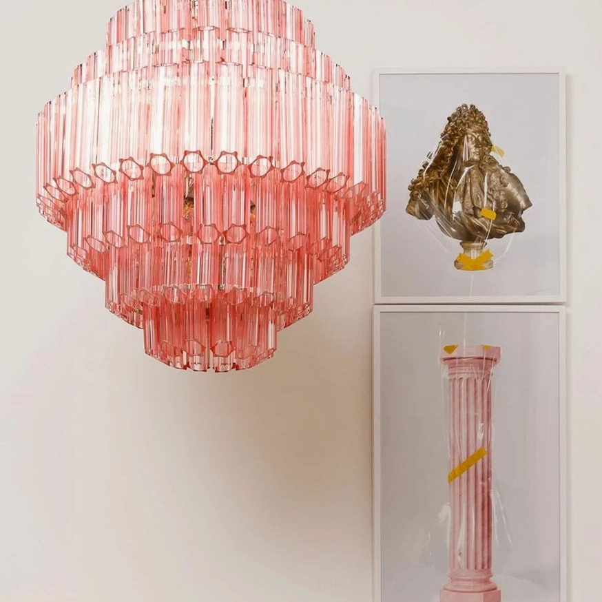 Antella Sunburst Chandelier artistic interior display - pink Murano glass chandelier with warm romantic lighting in sophisticated home space