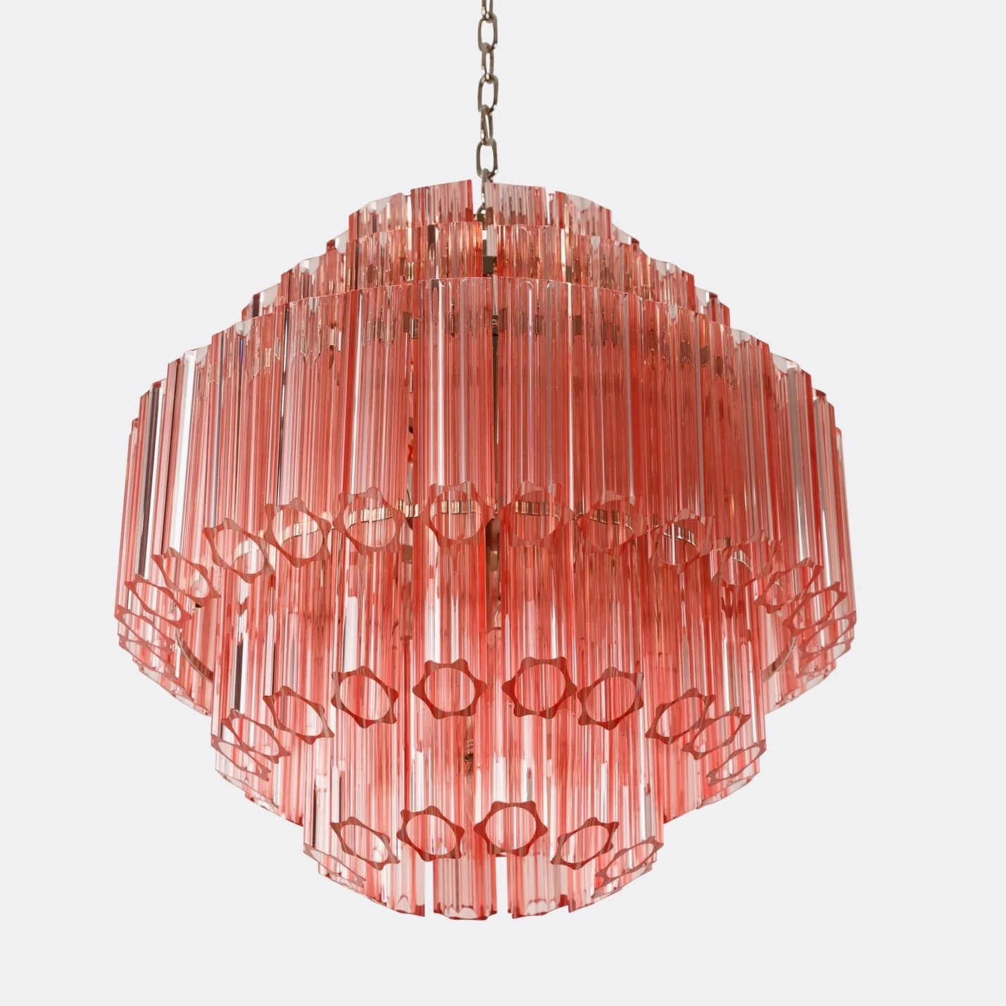 Antella Sunburst Chandelier overhead perspective - pink glass chandelier showing rounded geometric tiered structure and metal frame architecture