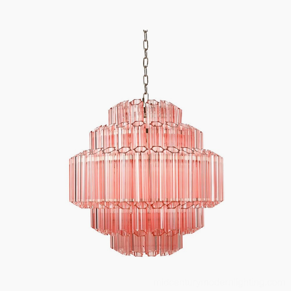 Antella Sunburst Chandelier frontal view - pink hand-blown Murano glass mid-century modern chandelier with geometric layered glass panels and polished metal frame