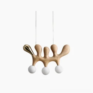 Antenna pendant lamp front view - wood and brass mid-century modern design with frosted glass globes on white background