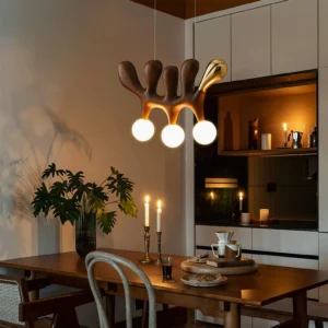 Antenna pendant lamp installed in modern dining kitchen - warm wood finish creating ambient lighting over dining table